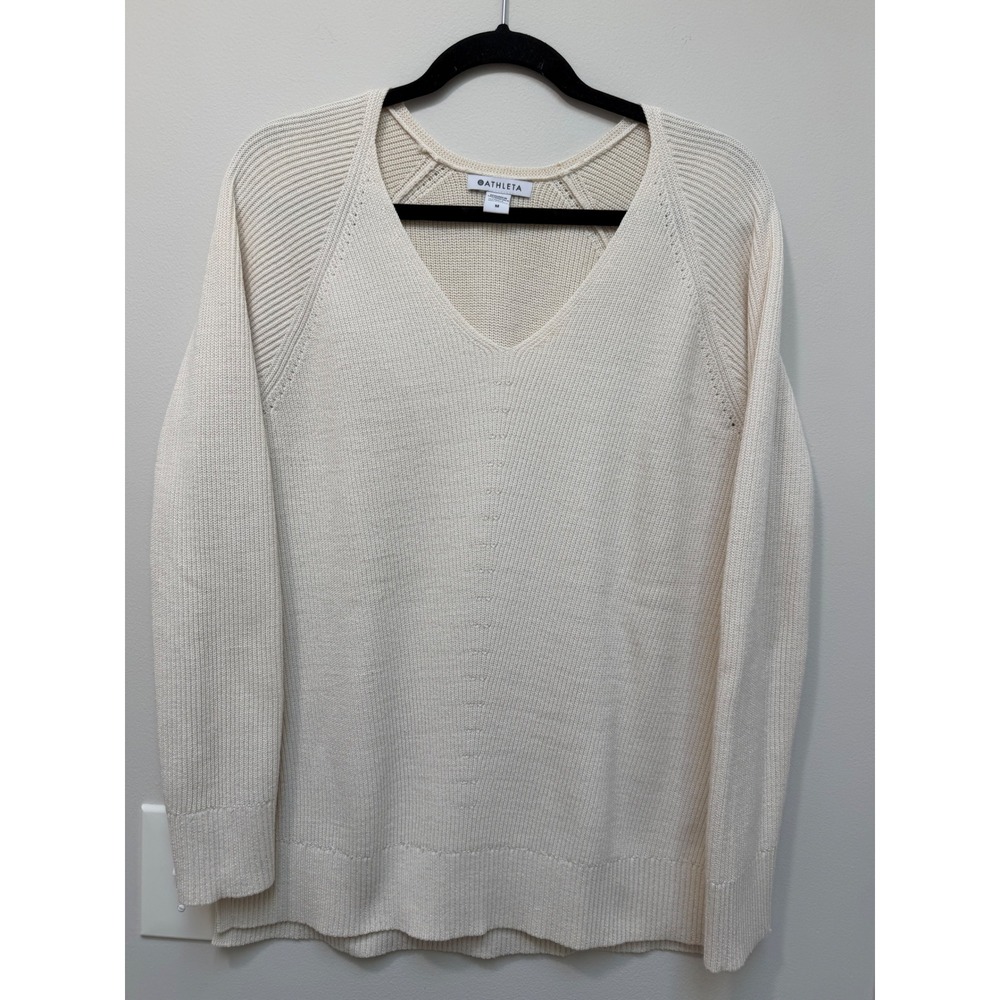 Athleta Hanover V-Neck Sweater Cream Merino Wool Blend Ribbed Knit Size M